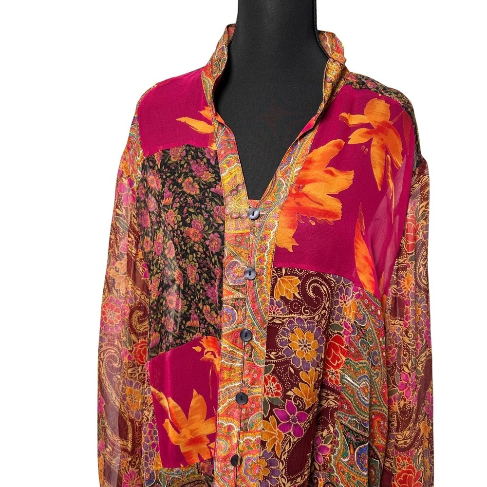 Coldwater Creek Silk Patchwork Floral Paisley Long Sleeve Sheer Blouse Women XL - Picture 11 of 13